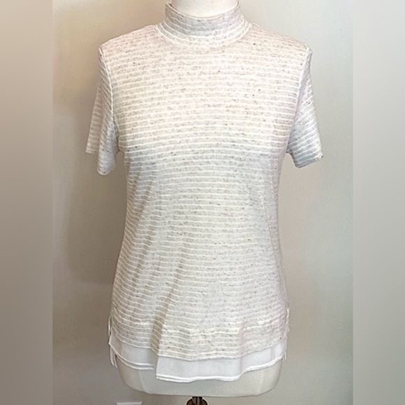 White House Black Market Striped Cream Mock Turtleneck Linen Blend Top Size M - Picture 1 of 13